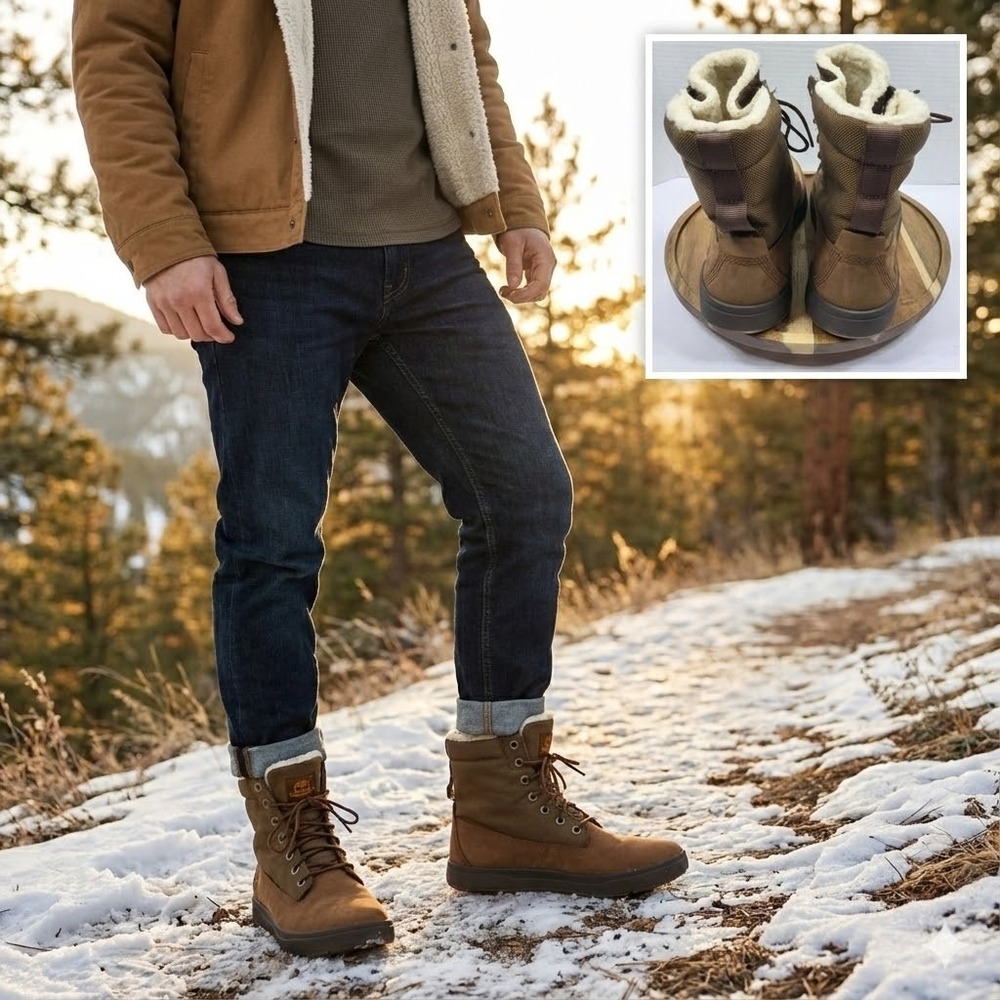 Timberland Men's Davis Square A2K9R Faux Fur Lined Brown Leather Boots Size 7.5